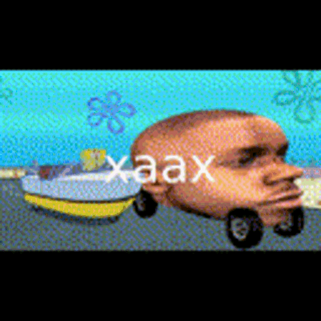 a cartoon of a man 's head pulling a car with the word xaax written on it .