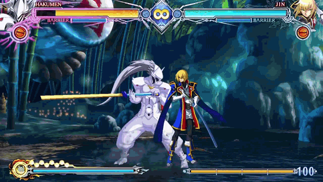 a video game with a character named hakumen fighting another character named jin