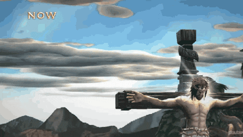 jesus is on a cross with the word now below him