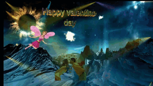a valentine 's day greeting card with a fairy flying over mountains