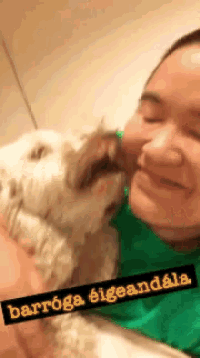 a woman in a green shirt kisses a white dog on the cheek