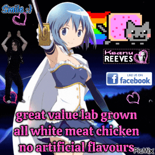 a picture of a girl with a sword and the words great value lab grown all white meat chicken