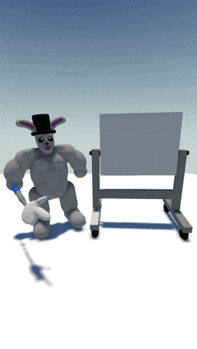 a cartoon bunny with a top hat and a white board