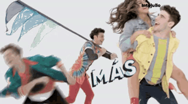 a man carrying a woman on his shoulders has the word mas written on the bottom