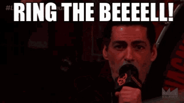 a man is screaming into a microphone with the words " ring the beeeell " written above him