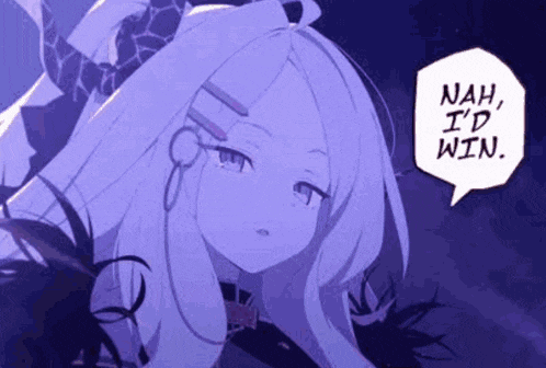 a purple anime girl with long hair is talking in a speech bubble .