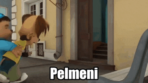 a cartoon character is being held by another character and the word pelmeni is on the bottom