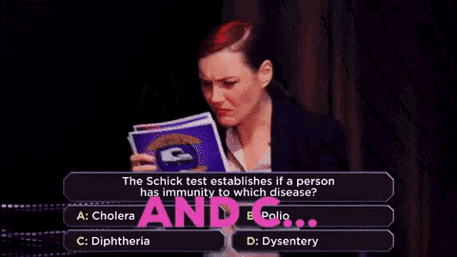 a woman in a wig is answering a question about the schick test