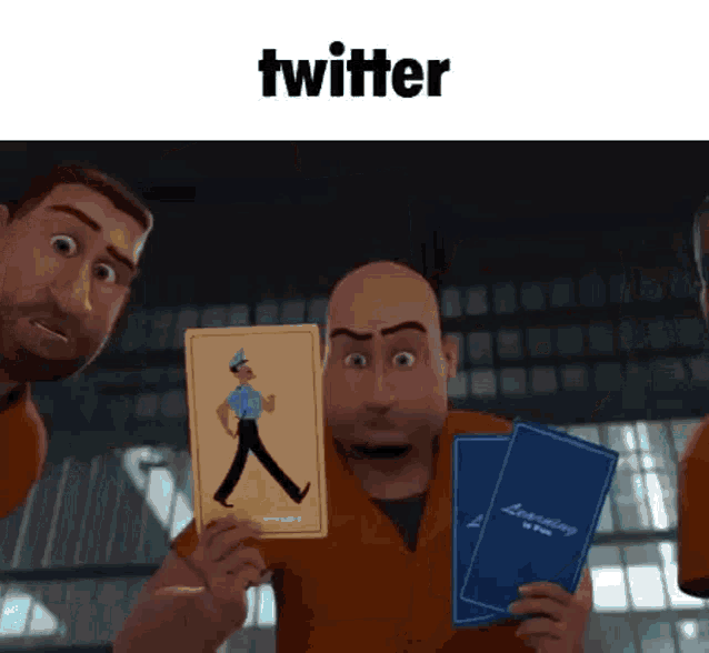 a group of cartoon characters are holding cards in their hands and one of them is holding a card of a police officer .