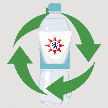 a bottle of water with a lion on the label is surrounded by green arrows