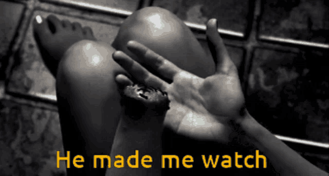 a black and white photo of a person with the words he made me watch on the bottom
