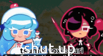 two cartoon characters are standing next to each other and the words shut up puri are on the bottom