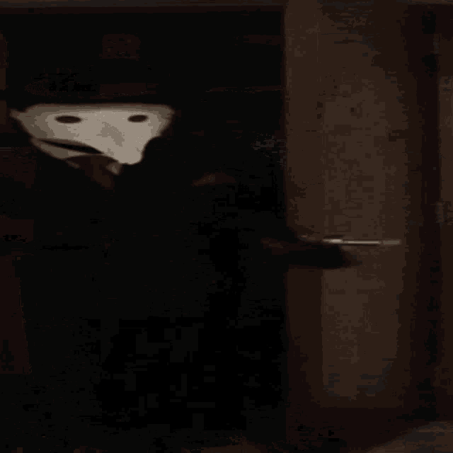 a man in a black suit and white mask is standing in a room