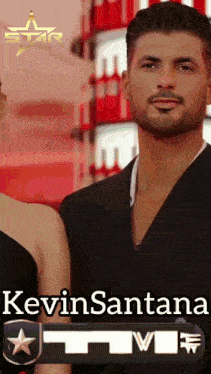 a man with a beard stands next to a woman with the name kevin santana