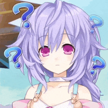 a girl with purple hair and pink eyes has question marks on her head