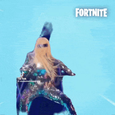 a woman is dancing in front of a blue background with fortnite written on it