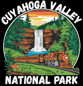 a cuyahoga valley national park logo with a waterfall and a train
