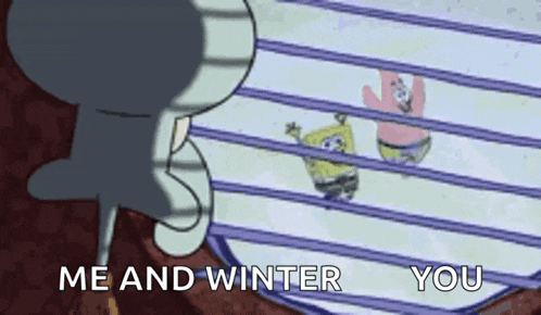 squidward and patrick from spongebob squarepants are looking out of a window and talking to each other .