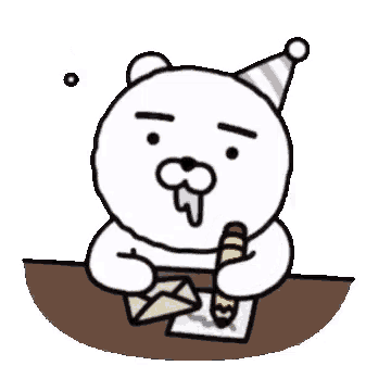 a cartoon polar bear is sitting at a table writing on a piece of paper with a pencil .