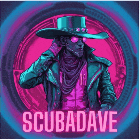 an illustration of a man wearing a cowboy hat with the name scubadave below him