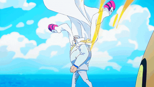 a cartoon drawing of a man in a white coat standing in front of a blue sky