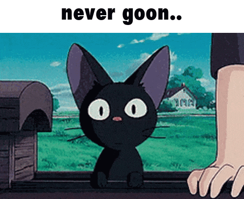 a black cat looking out a window with the words never goon below it