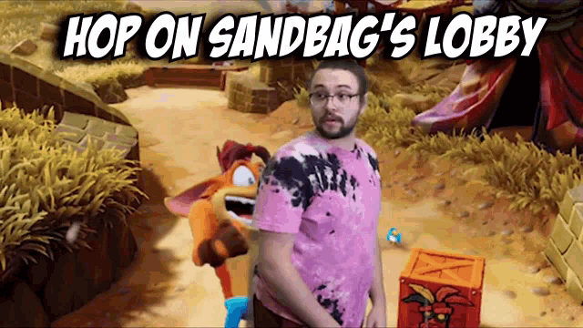 a man in a pink shirt is standing in front of a video game with the words hop on sandbag 's lobby on the bottom