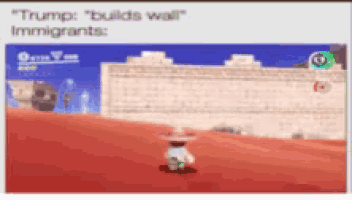 a screenshot of a video game with the words trump builds wall immigrants
