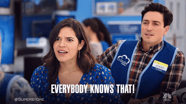a man and a woman in a store with the words everybody knows that