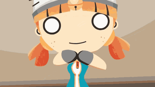 a cartoon of a girl wearing a white hat with a cat face on it