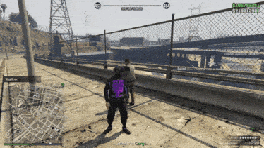 a man in a purple shirt is standing on a bridge in a game