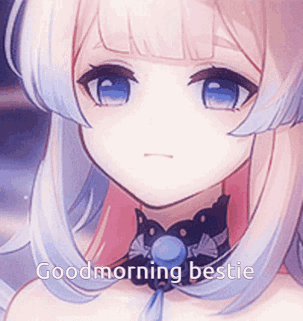 a close up of a girl with blue eyes and the words `` good morning bestie ''