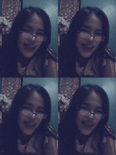 a girl wearing glasses is smiling in four different images