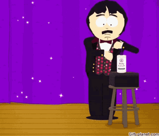 a cartoon of a man in a tuxedo standing next to a stool with a bottle of lotion on it
