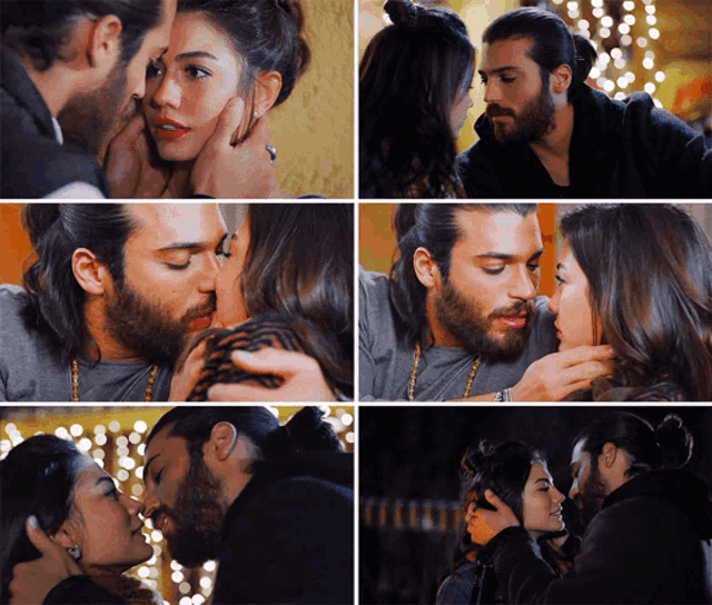 a man and a woman are kissing in a collage of photos