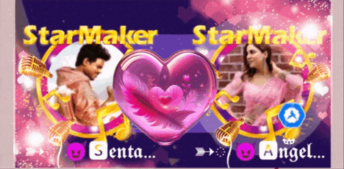 a man and a woman are standing next to each other in front of a heart with the words starmaker senta angel written on it