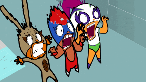 three cartoon characters with their mouths wide open