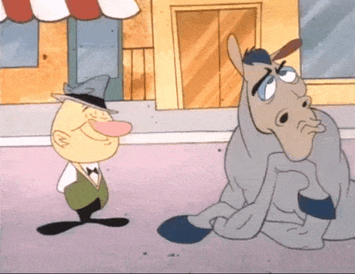 a cartoon of a man standing next to a horse with a blanket on it