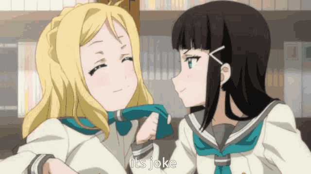 two anime girls are standing next to each other with the words " it 's joke " on the bottom