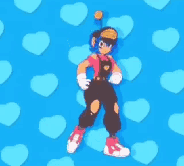 a cartoon character is standing in front of a pattern of hearts on a blue background