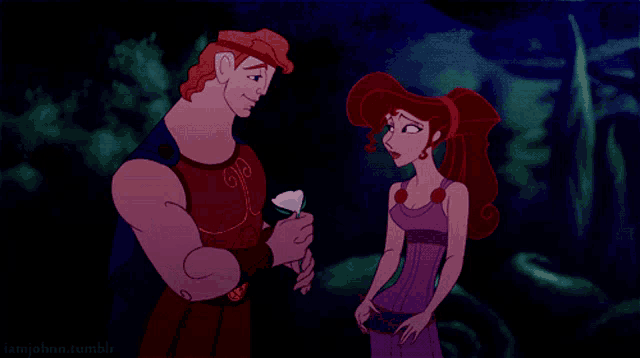 a cartoon of a man giving a flower to a woman