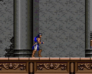 a video game character is holding a sword in front of a wall .