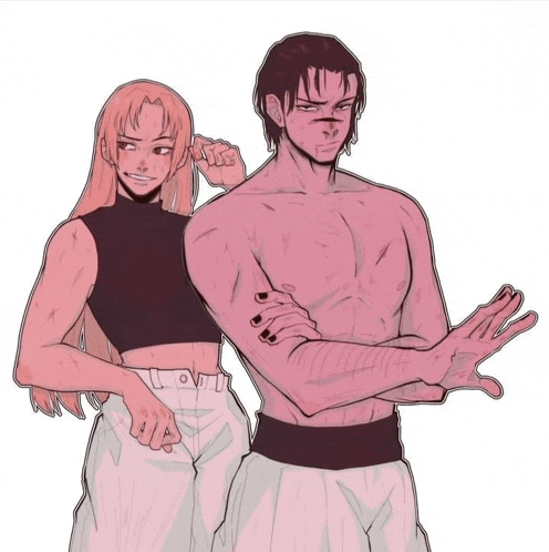 a man and a woman are standing next to each other with their arms crossed