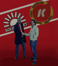 two people shaking hands in front of a sign that says " socialism "