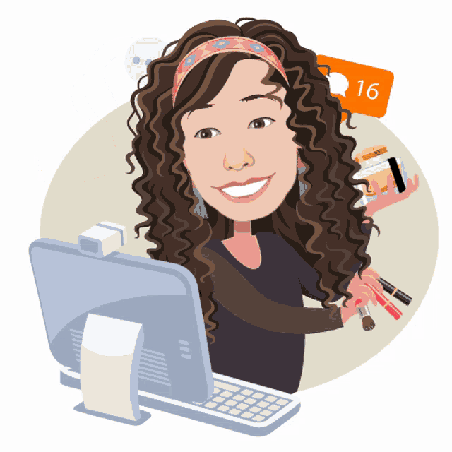 a cartoon of a woman with curly hair sitting in front of a computer with a notification that says 16