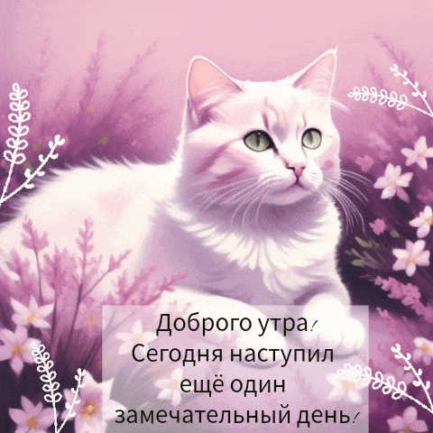 a white cat is laying in a field of purple flowers with a pink background