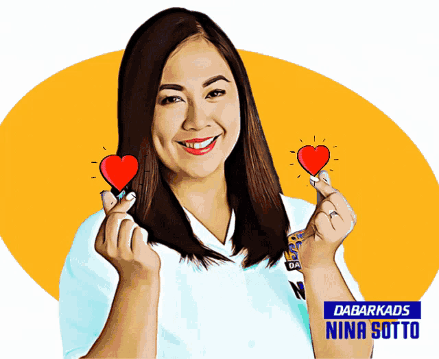 a cartoon drawing of a woman holding two hearts with the name nina sotto on the bottom