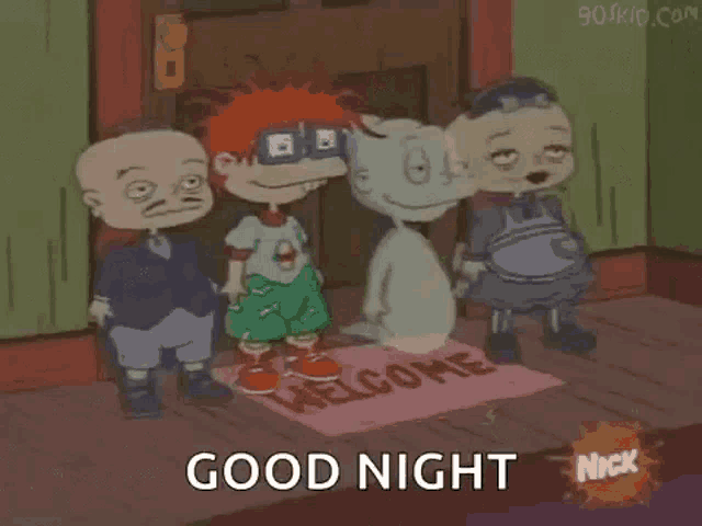 a group of rugrats characters are standing in front of a door with a welcome mat .