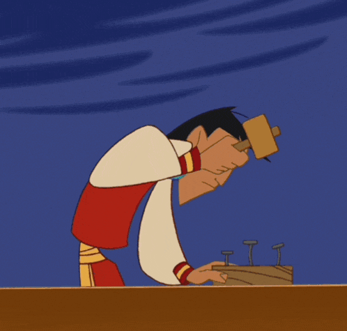 a cartoon character is using a hammer to hammer nails into a wooden board