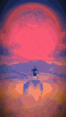 a pixel art illustration of a man standing in front of a large red sun